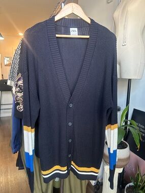Zara Navy Cardigan with Yellow White and Blue Stripes